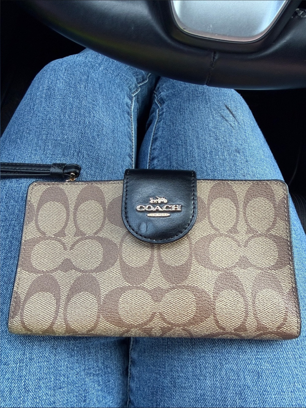 COACH Brown Signature Canvas Wristlet with Black Trim